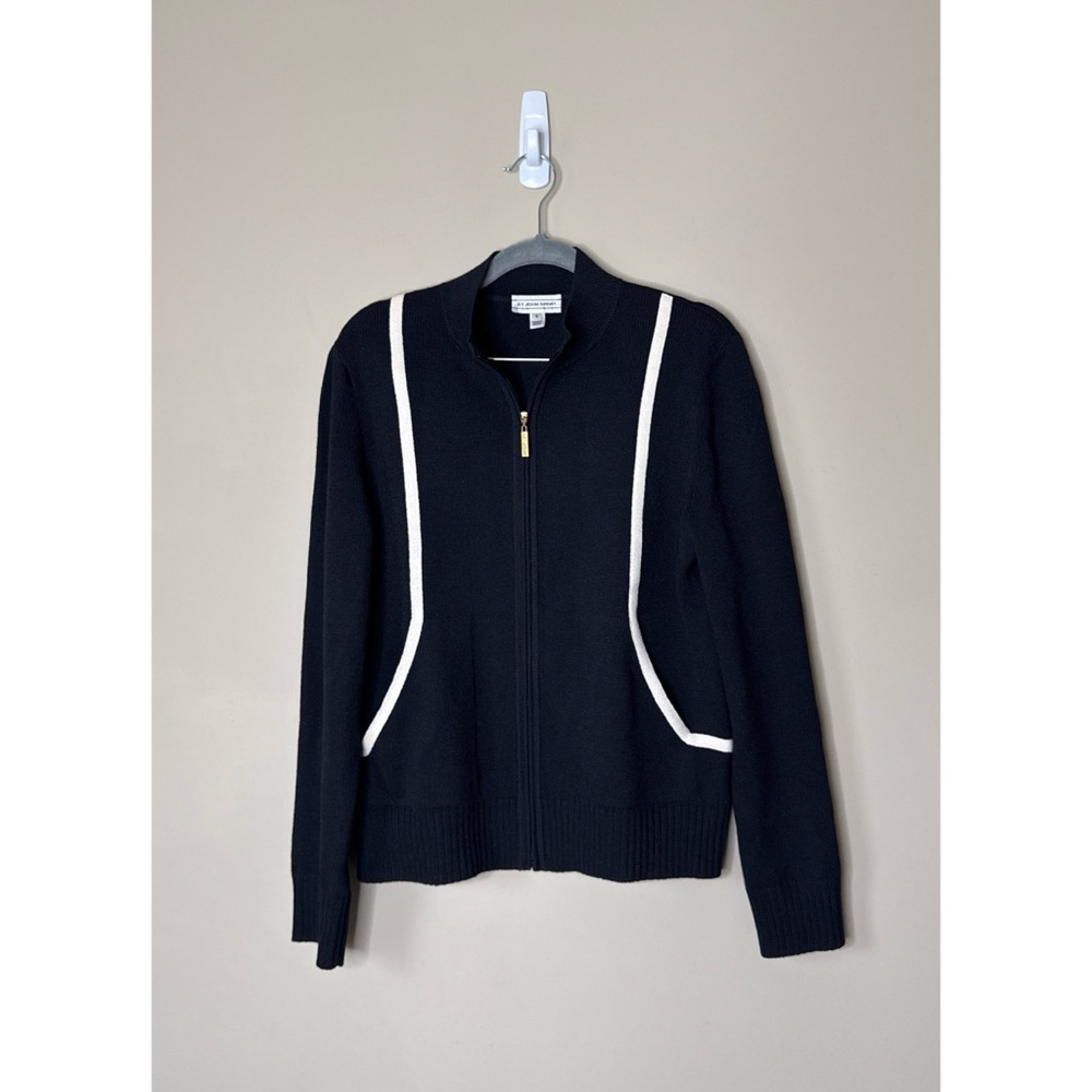 St. John Wool Knit Full Zip Black White Sweater Jacket Gold Logo Zipper Small